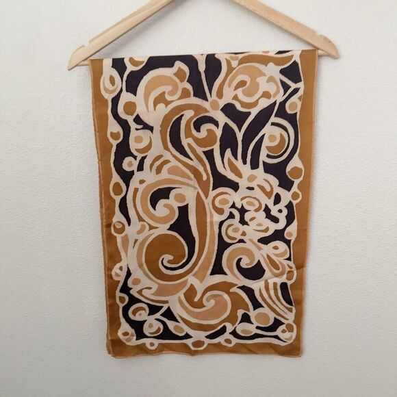 UENA | Japanese Long Scarf Vintage Gold Tan Cream Black Print | 15" x 44.5" - Picture 3 of 3